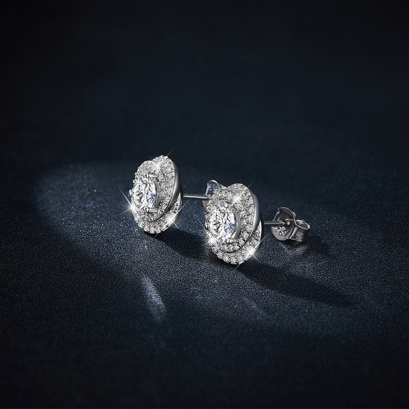 Stylish Round Moissanite Diamond Sterling Silver Stud Earrings