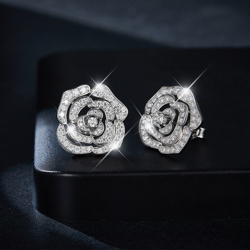 Elegant Camellia Moissanite Diamond Sterling Silver Stud Earrings