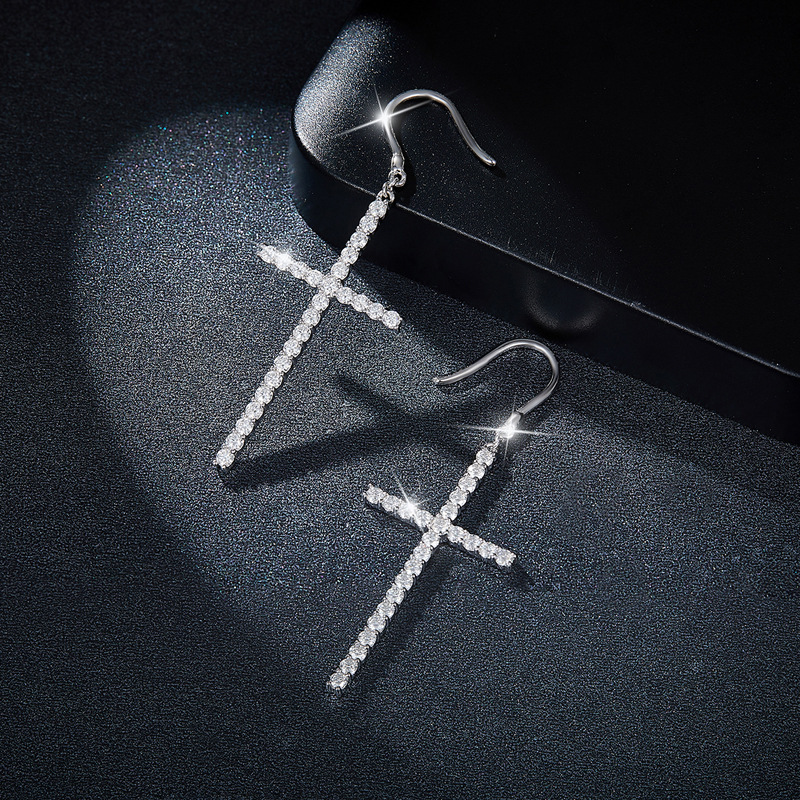 Classic Cross Moissanite Diamond Sterling Silver Drop Earrings