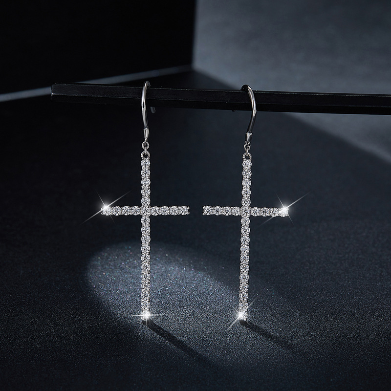 Classic Cross Moissanite Diamond Sterling Silver Drop Earrings