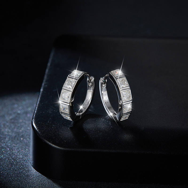 Brilliant Princess Cut Moissanite Diamond Sterling Silver Hoop Earrings