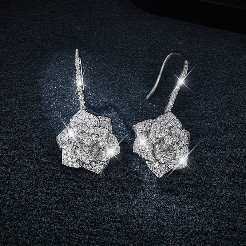 Luxurious Camellia Moissanite Diamond Sterling Silver Drop Earrings