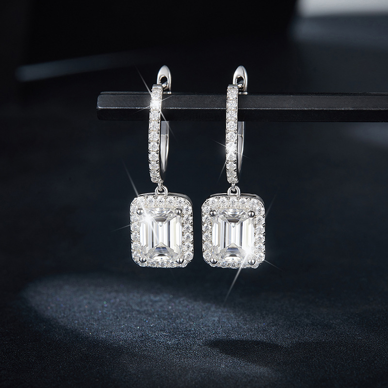 Luxurious Emerald Cut Moissanite Diamond Sterling Silver Drop Earrings