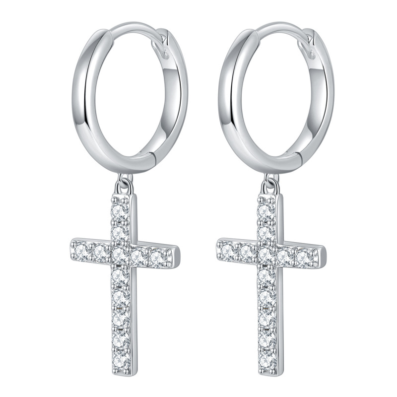 Classic Cross Moissanite Diamond Sterling Silver Hoop Earrings