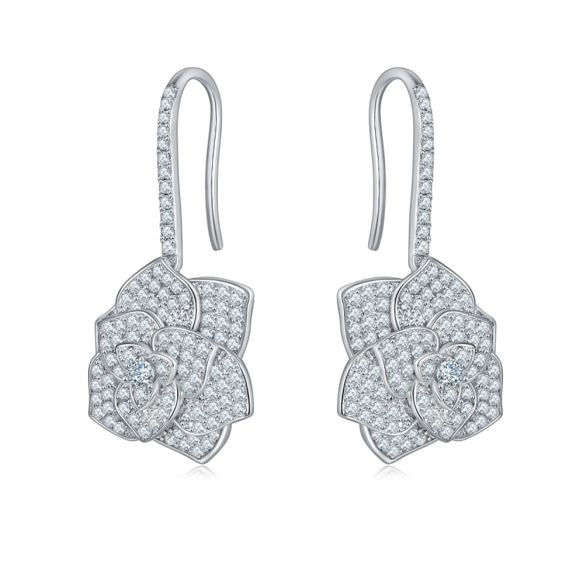 Luxurious Camellia Moissanite Diamond Sterling Silver Drop Earrings