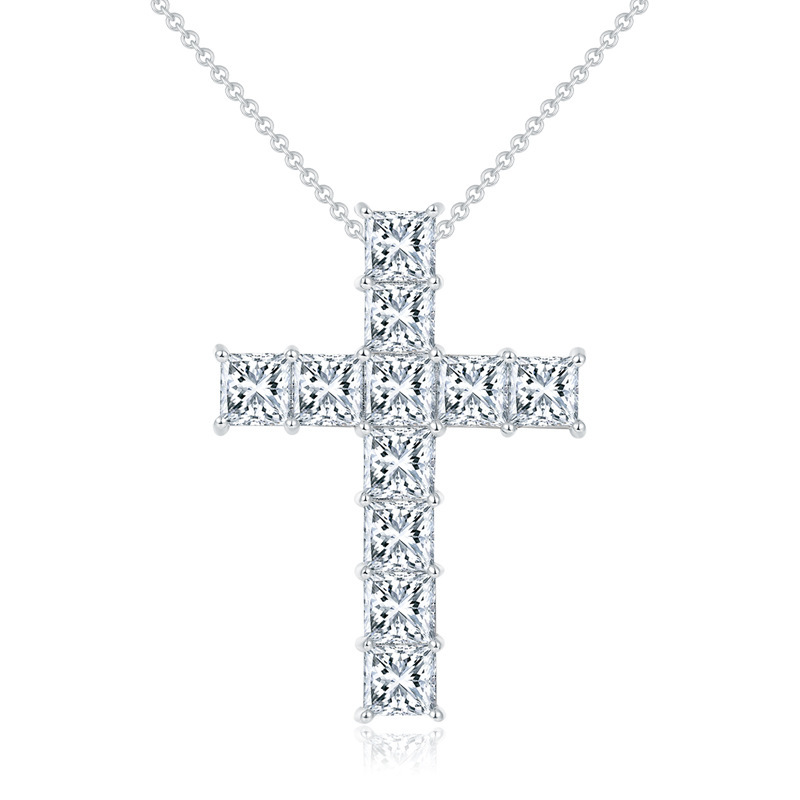 Keeponsale Princess Cut Moissanite Diamond Cross Sterling Silver Necklace