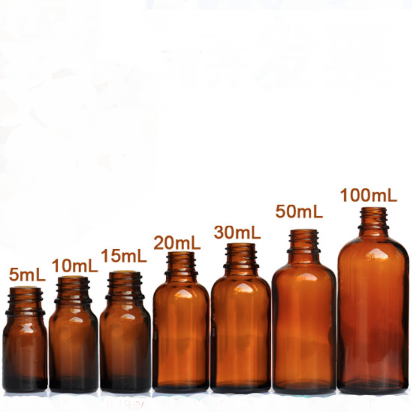 5ml 10ml 15ml 20ml 30ml 50ml 100ml ガラス瓶。茶色、ブルー、緑、クリアー、黒い5カラーあり。18ｍｍ口径の通用ガラス瓶、遮光瓶、エッセンシャルオイル瓶、アロマ瓶