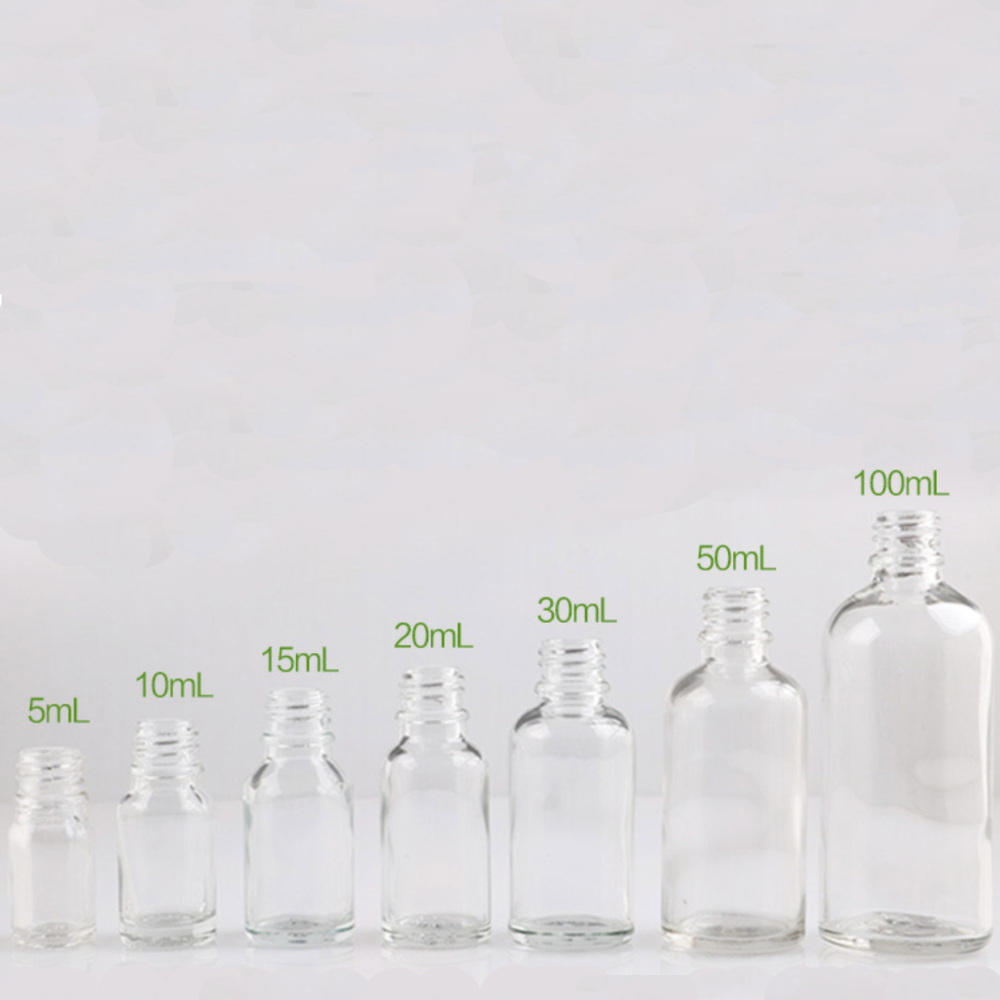 5ml 10ml 15ml 20ml 30ml 50ml 100ml ガラス瓶。茶色、ブルー、緑、クリアー、黒い5カラーあり。18ｍｍ口径の通用ガラス瓶、遮光瓶、エッセンシャルオイル瓶、アロマ瓶