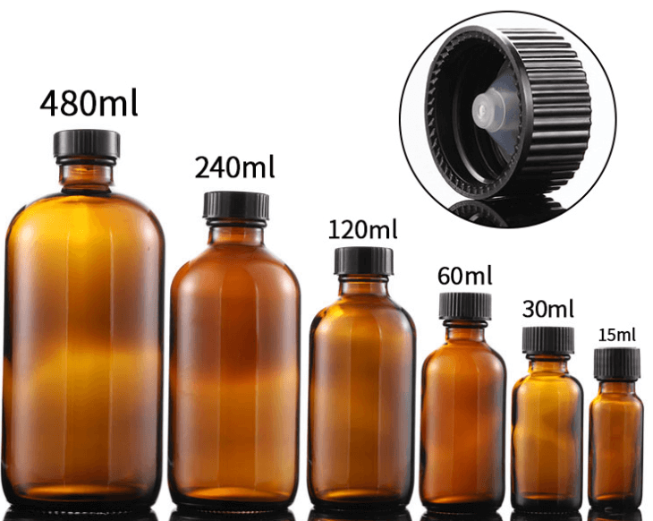 Boston Round ガラス瓶。クリアー、ブルーと茶色の３カラーあり。スプレー、ポンプ、スポイトまたはネジキャップ付きをご選択できます。容量は0.5oz 1oz 2oz 4oz 8oz 16ozあります。
