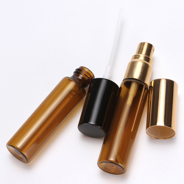 5ml 10ml スプレー付ガラス瓶。くもり、クリアー、茶色３カラーあり。 アルミナースプレー付きビン