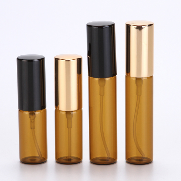 5ml 10ml スプレー付ガラス瓶。くもり、クリアー、茶色３カラーあり。 アルミナースプレー付きビン