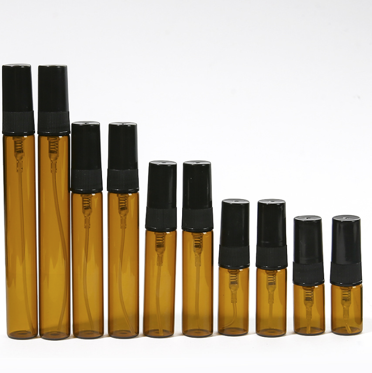 2ml 3ml 5ml 7ml 10ml スプレー付ガラス瓶。クリアーと茶色２カラーあり。