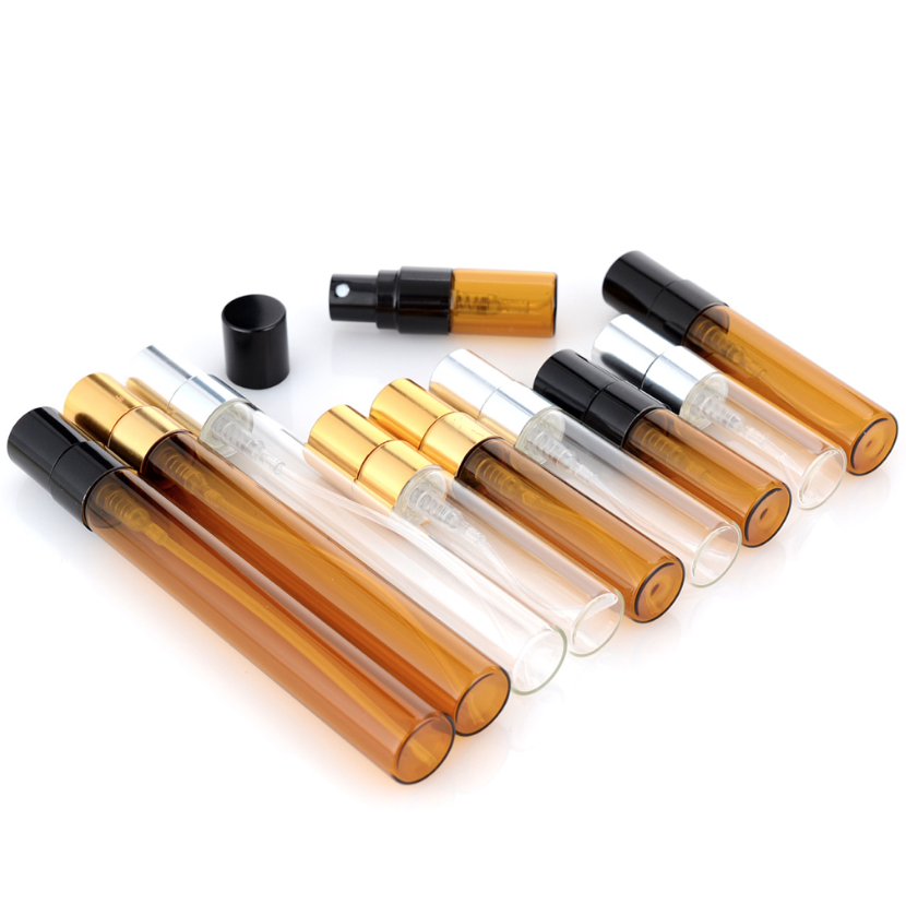 2ml 3ml 5ml 7ml 10ml スプレー付ガラス瓶。クリアーと茶色２カラーあり。