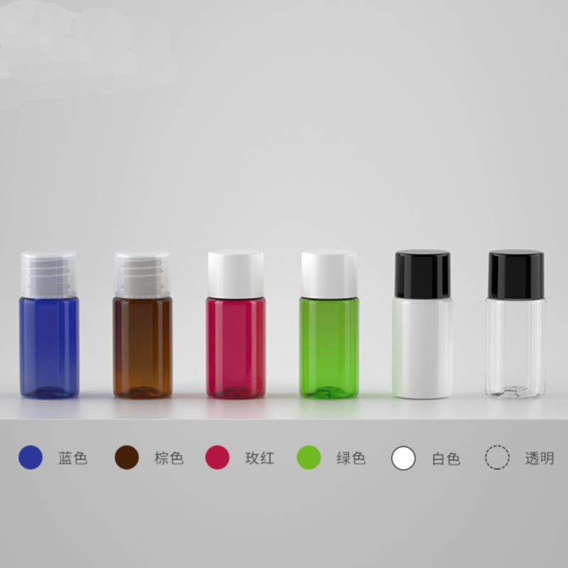 10ml 中栓＆キャップ付きPETボトル、ブルー、茶色、白い、赤い、緑、クリアーのカラーがあリます。