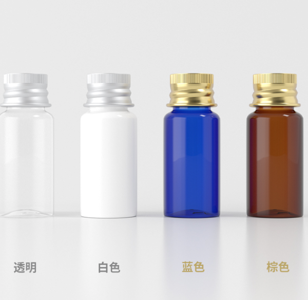 15mlアルミキャップ＆中栓付きPETボトル、ブルー、茶色、白い、クリアーのカラーがあリます。