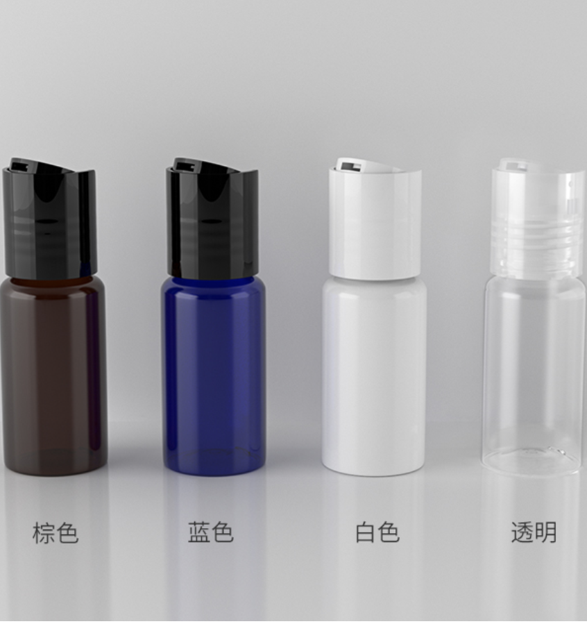 15mlディスクトップキャップ付きPETボトル、ブルー、茶色、白い、クリアーのカラーがあリます。