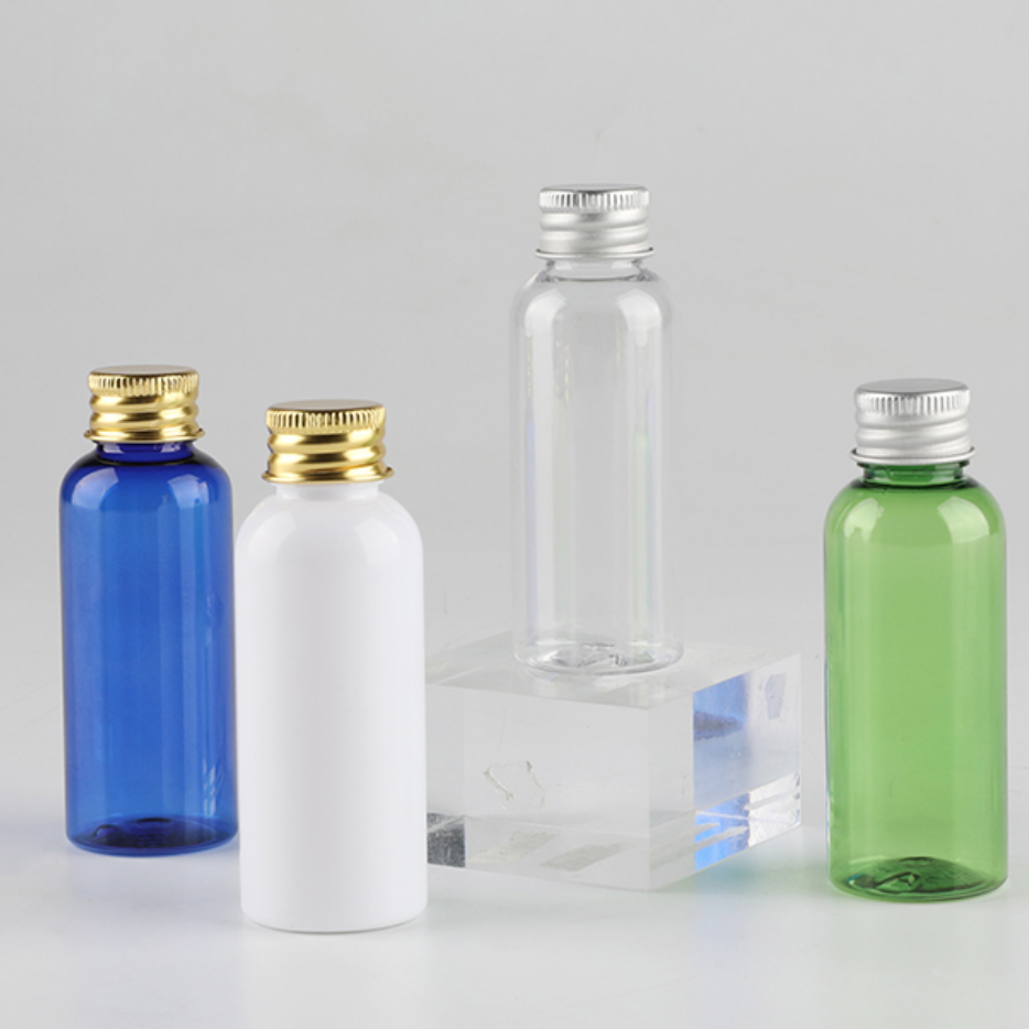 50ml アルミキャップと中栓付きPETボトル、茶色、ブルー、緑、クリアー、白い、赤い、黒い在庫販売