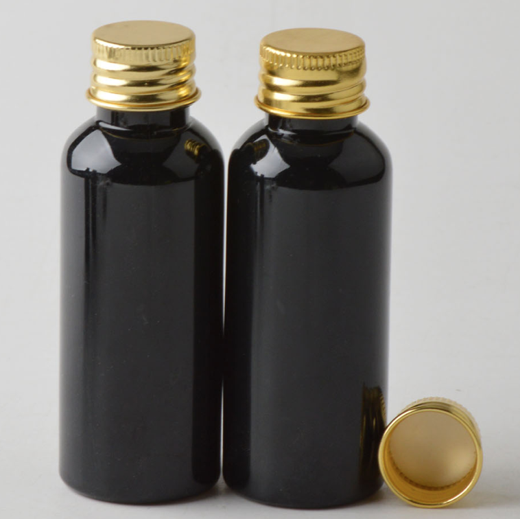50ml アルミキャップと中栓付きPETボトル、茶色、ブルー、緑、クリアー、白い、赤い、黒い在庫販売