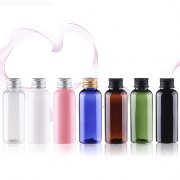 50ml アルミキャップと中栓付きPETボトル、茶色、ブルー、緑、クリアー、白い、赤い、黒い在庫販売