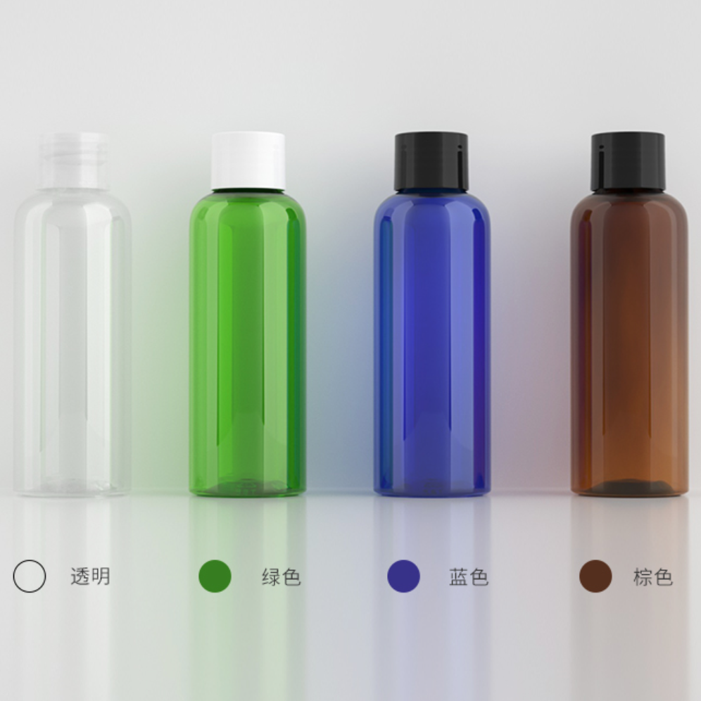 100ml　キャップ＆中栓付き丸肩PETボトル 、ピンク、 白色 、クリアー、 黒色、 茶色、 緑色、 ブルのカラーは在庫販売