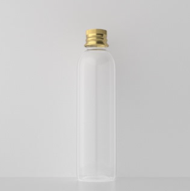 150ml アルミキャップ付き円肩PETボトル、クリアーカラー在庫
