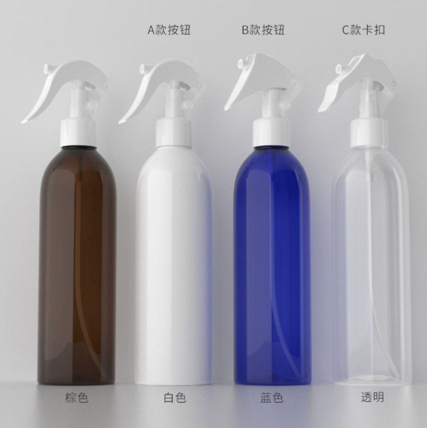 250ml ハンドスプレー付円肩PETボトル、ブルー、茶色、緑、クリアー、白いカラー在庫