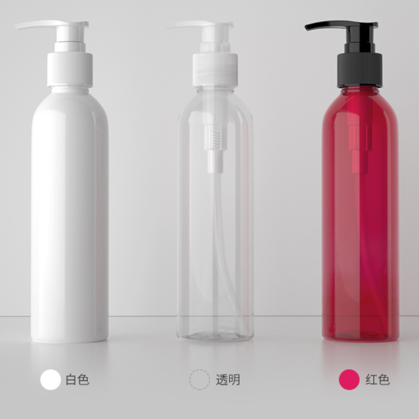 250ml ポンプ付きPET円肩ボトル、ブルー、茶色、緑、クリアー、白いカラー在庫