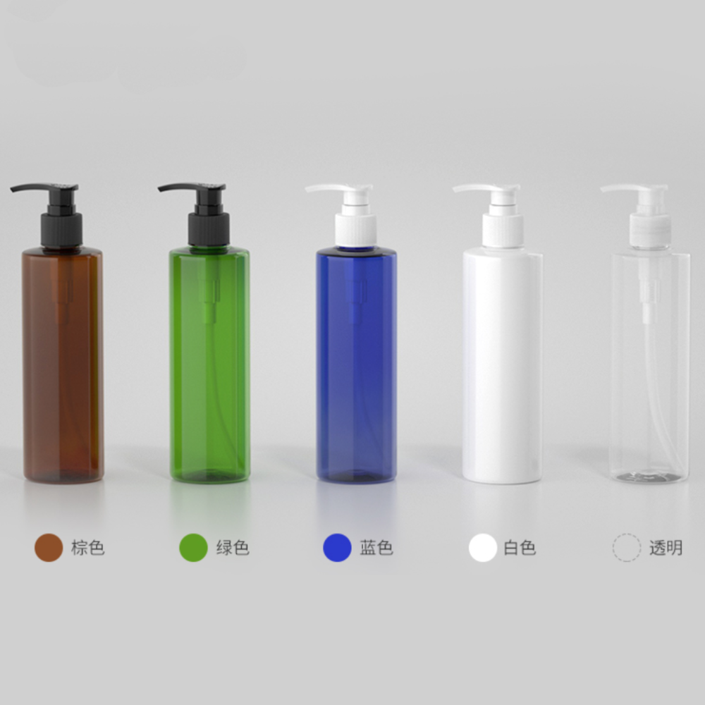 250ml ポンプ付きPETボトル、ブルー、茶色、緑、クリアー、白いカラー在庫