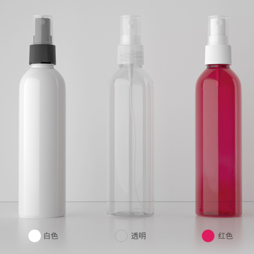 250ml スプレー付き円肩PETボトル、ブルー、茶色、緑、クリアー、白いカラー在庫