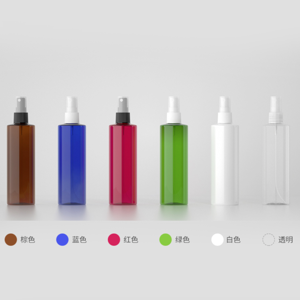 250ml スプレー付きPETボトル、ブルー、茶色、緑、クリアー、白いカラー在庫