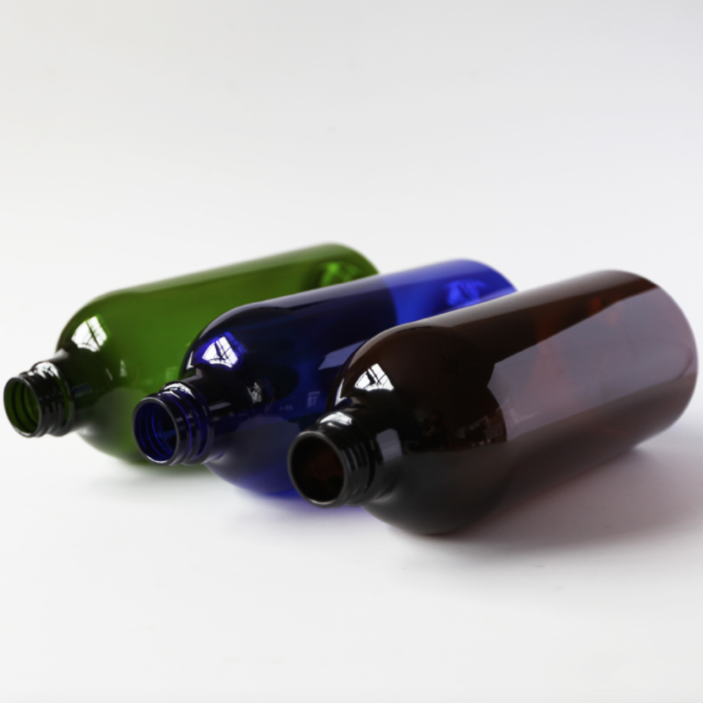 82本の1000ml ポンプ付き長い口PET ボトル。茶色、緑とブルーカラー在庫。