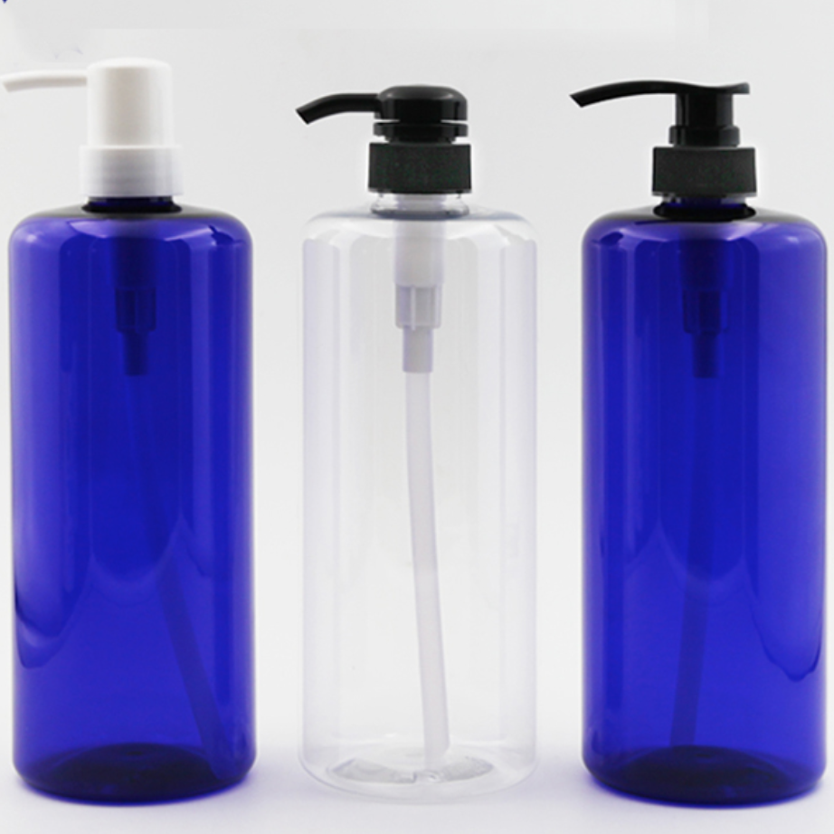 98本の1000ml ポンプ付き四角PET ボトル、クリアーとブルーカラー在庫。