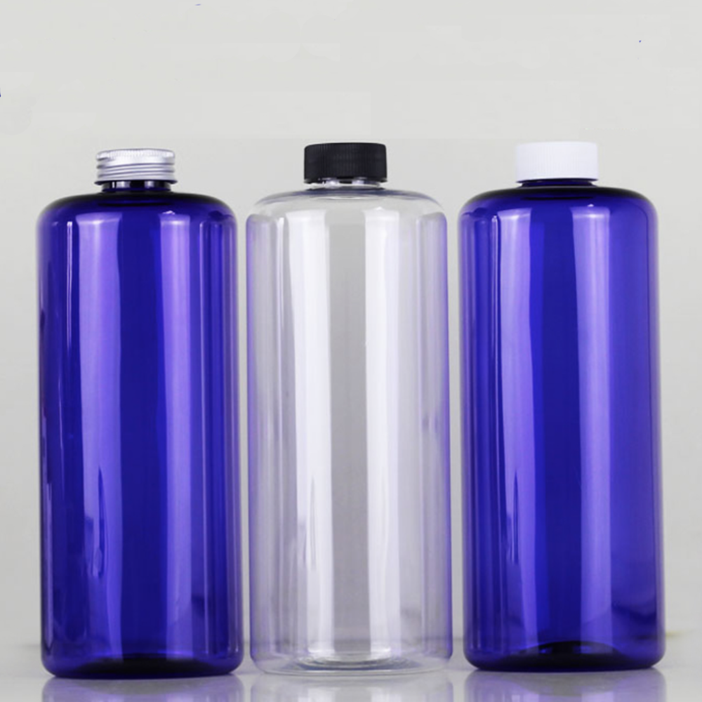 98本の1000ml キャップ付き円柱PET ボトル、クリアーとブルーカラー在庫。