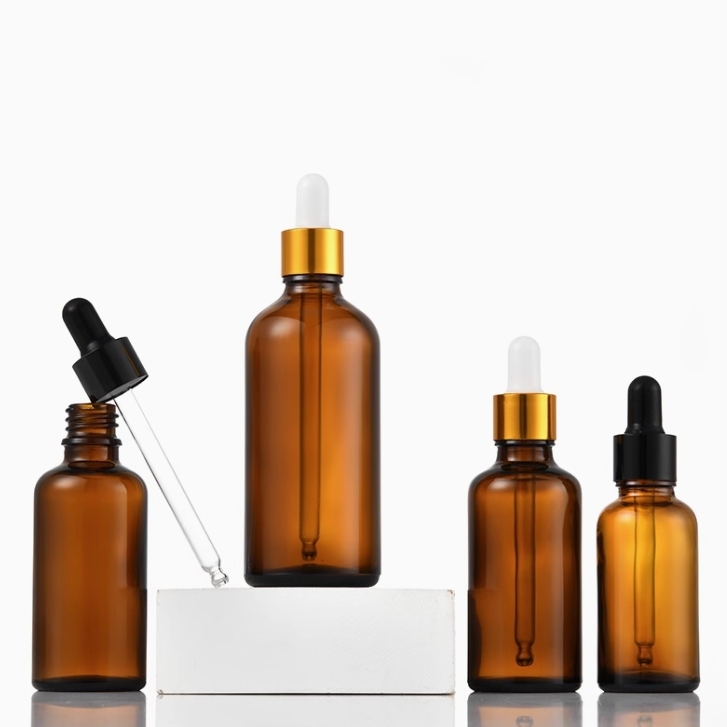 スポイト付き茶色ガラス瓶、遮光瓶。容量：5ml　10ml、15ml、20ml、30ml、50m、100mlあり、在庫販売。価格はスポイトとガラス瓶を含めます。