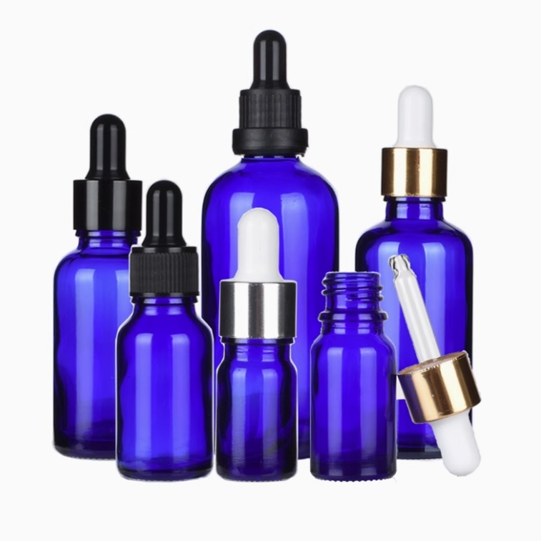 スポイト付きブルーガラス瓶、遮光瓶。容量：5ml　10ml、15ml、20ml、30ml、50m、100mlあり、在庫販売。価格はスポイトとガラス瓶を含めます。