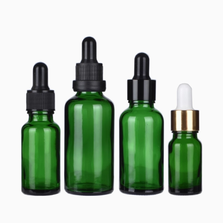 スポイト付きグリーンガラス瓶、遮光瓶。容量：5ml　10ml、15ml、20ml、30ml、50ml、100mlあり、在庫販売。価格はスポイトとガラス瓶を含めます。