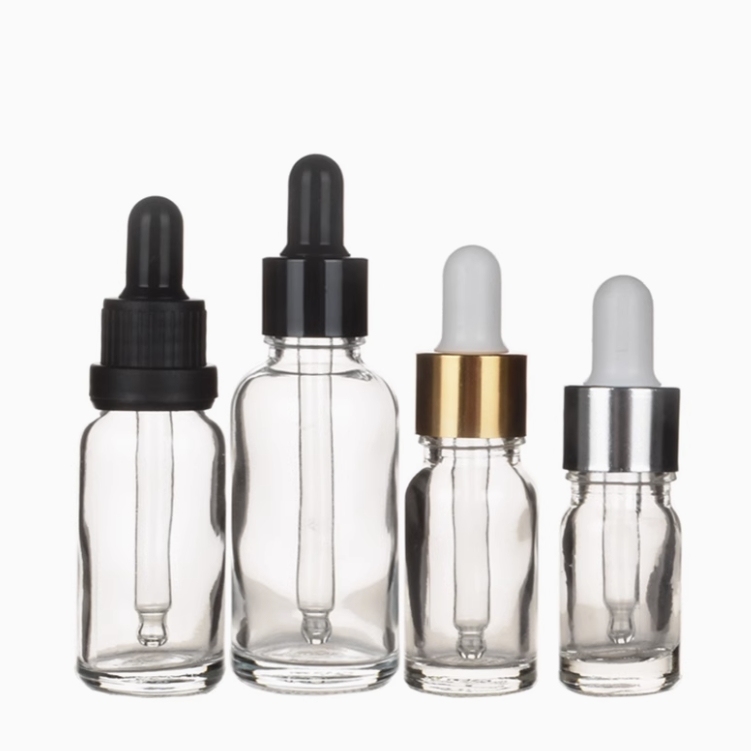 スポイト付きクリアーガラス瓶、遮光瓶。容量：5ml　10ml、15ml、20ml、30ml、50ml、100mlあり、在庫販売。価格はスポイトとガラス瓶を含めます。