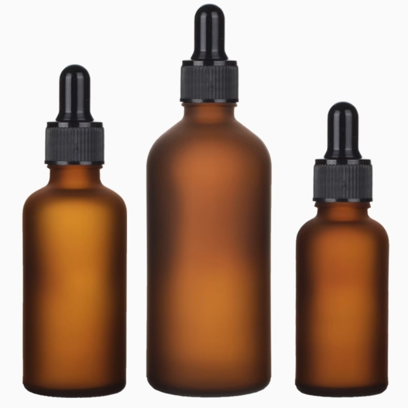 スポイト付き茶色すりガラス瓶、遮光瓶。容量：5ml　10ml、15ml、20ml、30ml、50ml、100mlあり、在庫販売。価格はスポイトとガラス瓶を含めます。