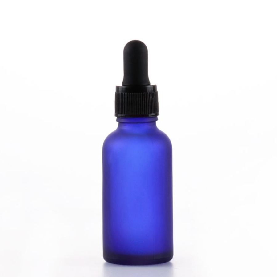 スポイト付きブルーすりガラス瓶、遮光瓶。容量：5ml　10ml、15ml、20ml、30ml、50ml、100mlあり、在庫販売。価格はスポイトとガラス瓶を含めます。