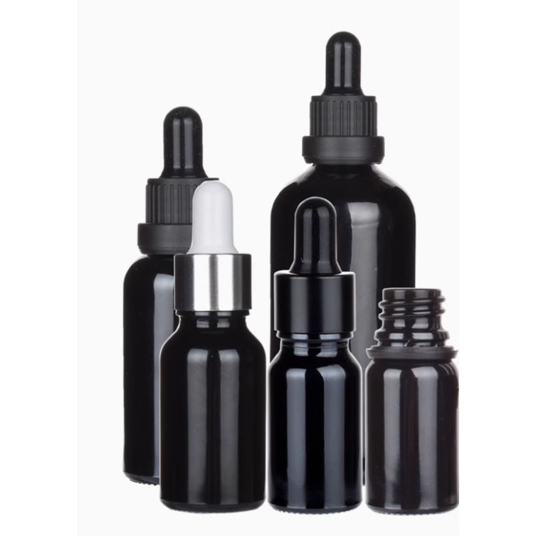 スポイト付き黒いガラス瓶、遮光瓶。容量：5ml　10ml、15ml、20ml、30ml、50ml、100mlあり、在庫販売。価格はスポイトとガラス瓶を含めます。