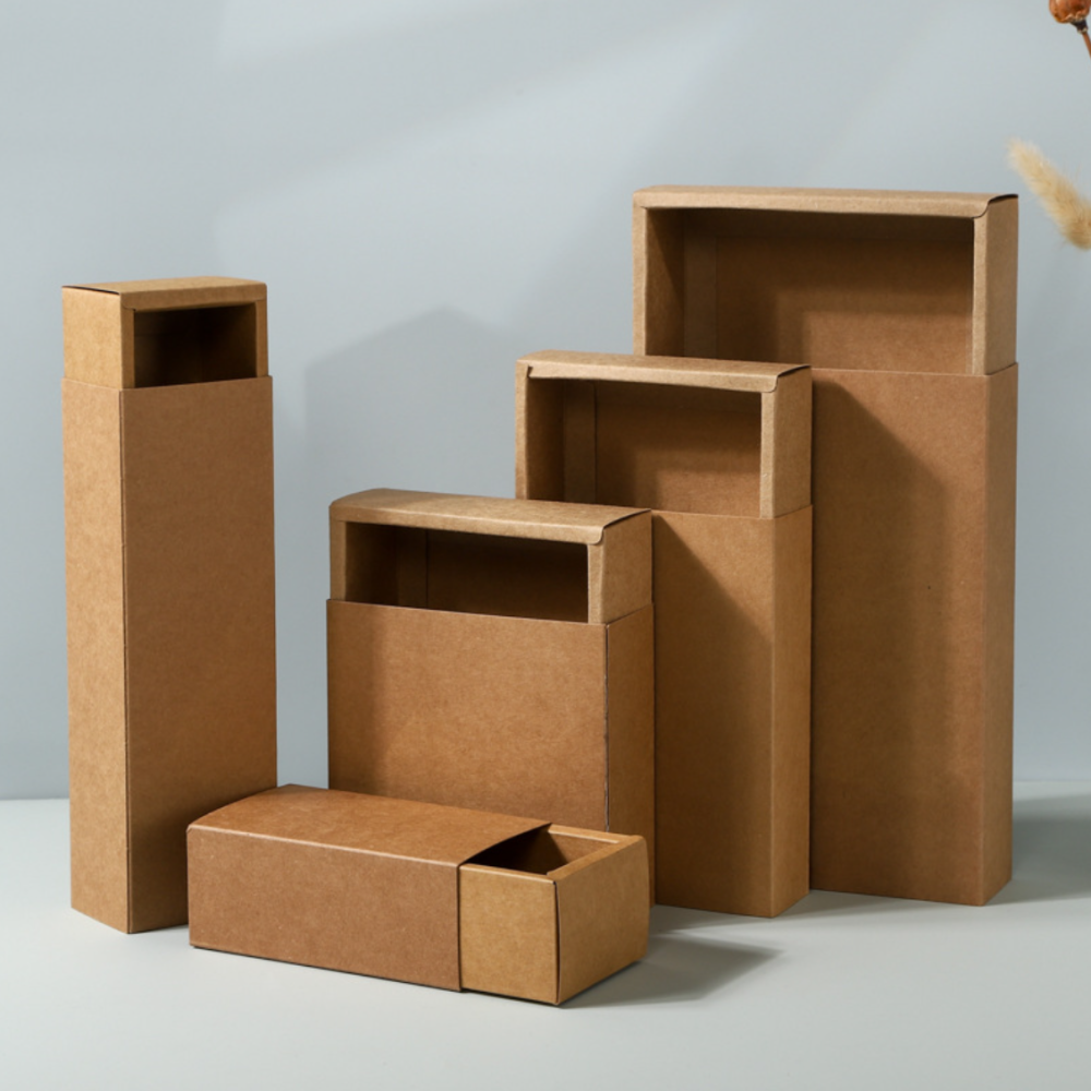 引き出しボックス，クラフト紙製、小ロット１００個から各サイズ在庫提供しています。