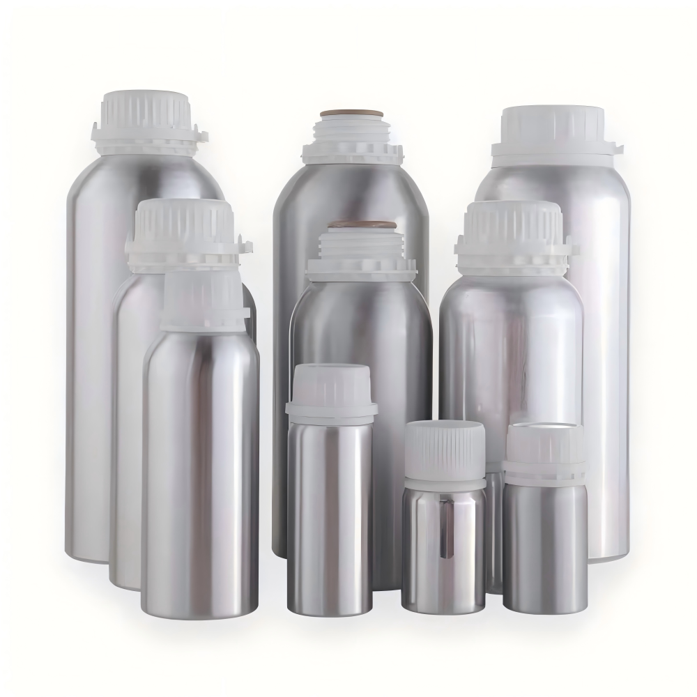50mlから1240mlまで改ざん防止密閉キャップ付きアルミボトル、アルミ缶。用途は精油保存、化学品保存、農薬保存。密閉と遮光が良いです。