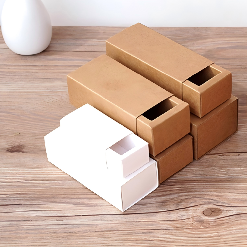 引き出しボックス，クラフト紙製、小ロット１００個から各サイズ在庫提供しています。
