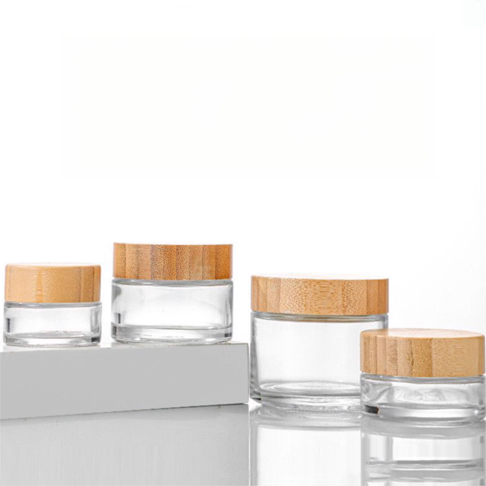 竹製のキャップ付のガラスクリームジャー　5ml 10ml 15ml 20ml 30ml 50ml 60ml 100ml の容量が在庫販売！
