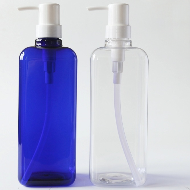 1000ml ポンプ付き四角PET ボトル、クリアーとブルーカラー在庫。