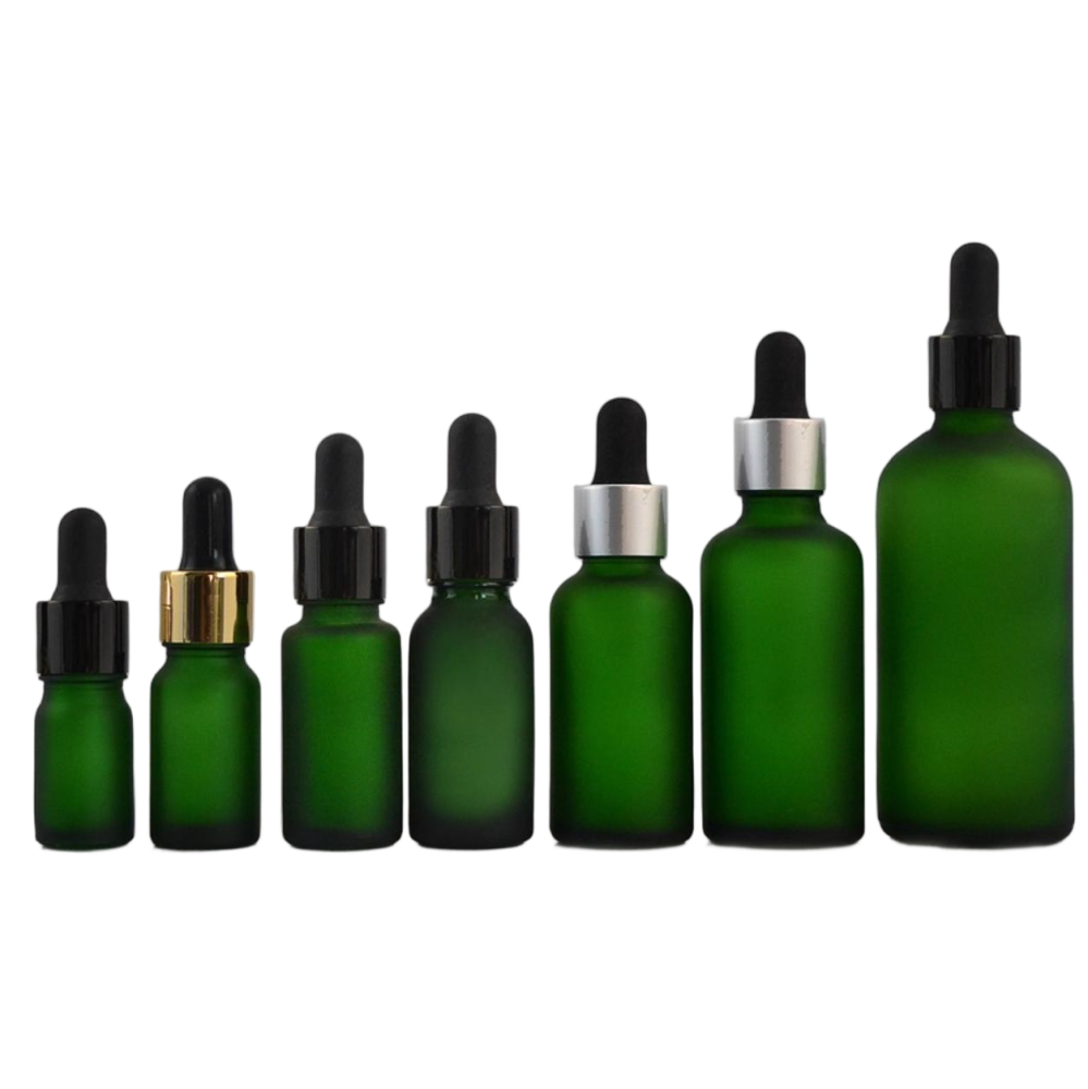 5ml　10ml、15ml、20ml、30ml、50ml、100ml スポイト付き緑すりガラス瓶、遮光瓶在庫販売。価格はスポイトとガラス瓶を含めます。