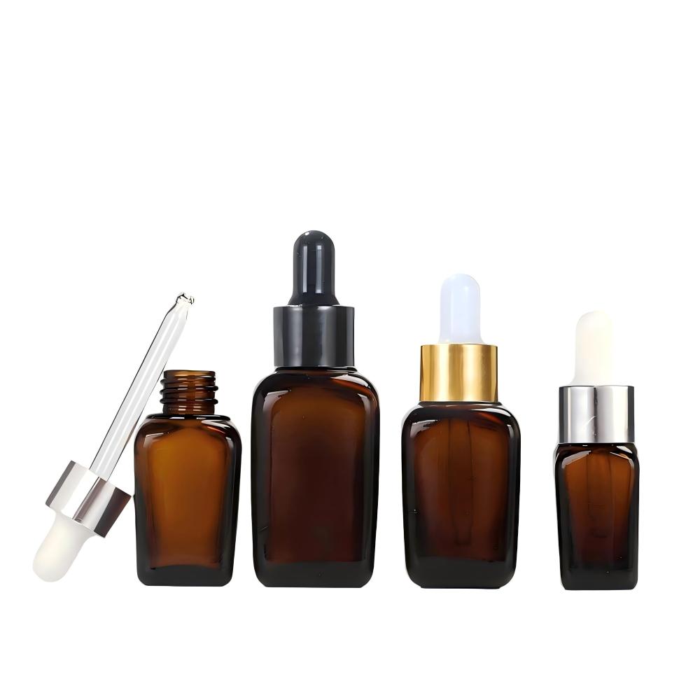 10ml 20ml 30ml 50ml 100ml 茶色の四角いエッセンシャルオイル瓶、遮光ガラスのスポイトボトル、旅行サイズの携帯用美容液サンプルボトル、在庫あり。