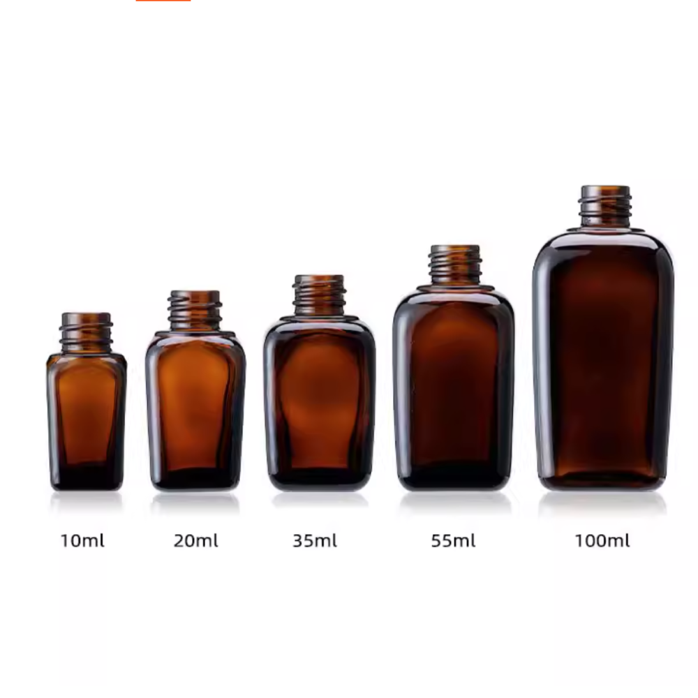 10ml 20ml 30ml 50ml 100ml 茶色の四角いエッセンシャルオイル瓶、遮光ガラスのスポイトボトル、旅行サイズの携帯用美容液サンプルボトル、在庫あり。