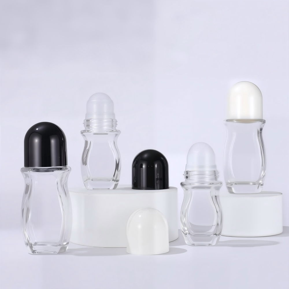 30ml/50ml ガラス製ロールオンボトル, 制汗剤・香体露用, 液漏れ防止, 厚肉ガラス, 黒/白キャップ付き