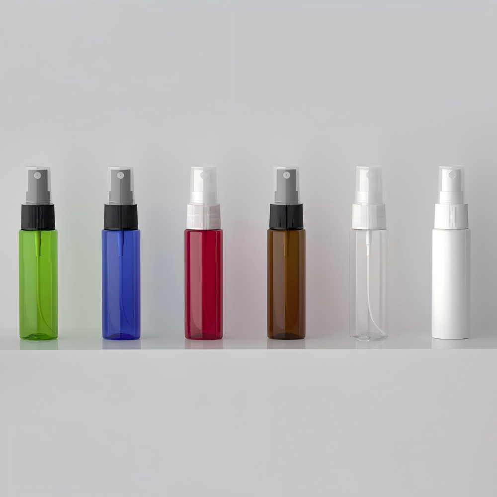 30ml ミストスプレー付きPETボトル、ブルー、茶色、白い、赤い、緑、クリアーのカラーがあリます。